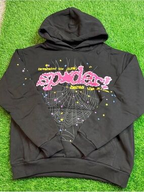 Black Graphic Hoodie Sweatshirt with Pink Spider Design